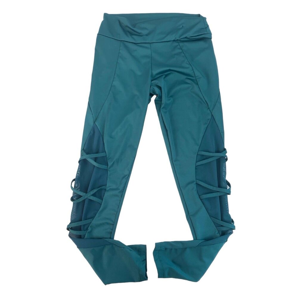 Womens Teal Strappy Mesh Panel Leggings Yoga Gym‎ Activewear Size S 469